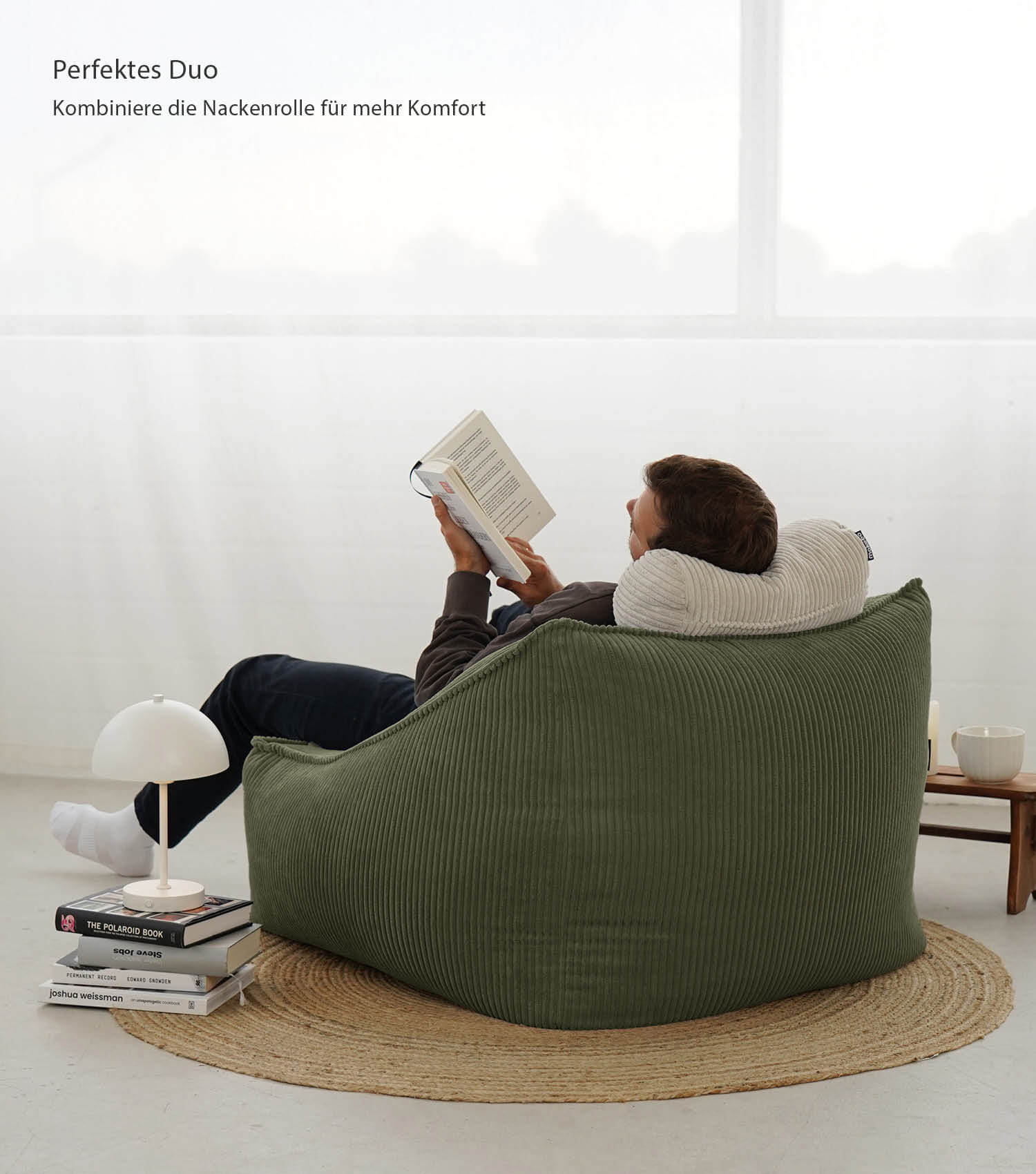 Fauteuil Cord XXL pouf de lecture avec accoudoirs, coloris olive