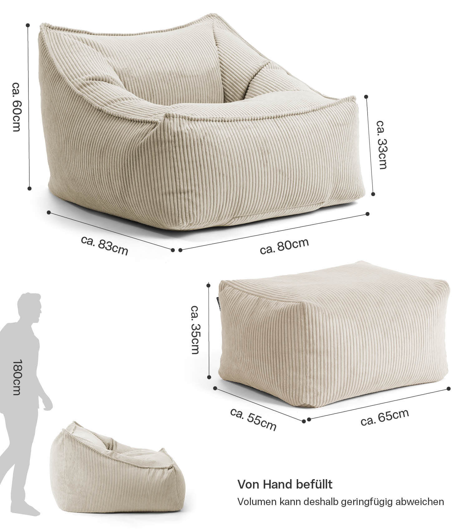 Fauteuil Cord XXL Sitzsack avec accoudoirs, couleur naturelle
