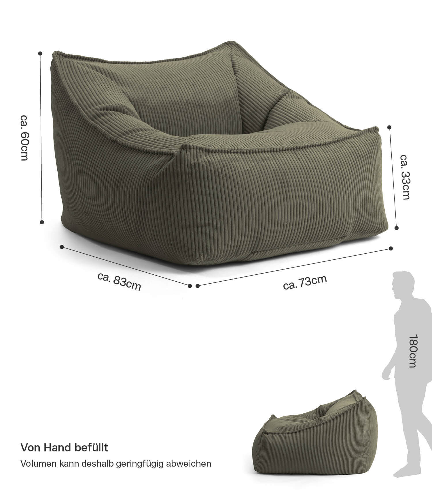 Fauteuil Cord XXL pouf de lecture avec accoudoirs, coloris olive