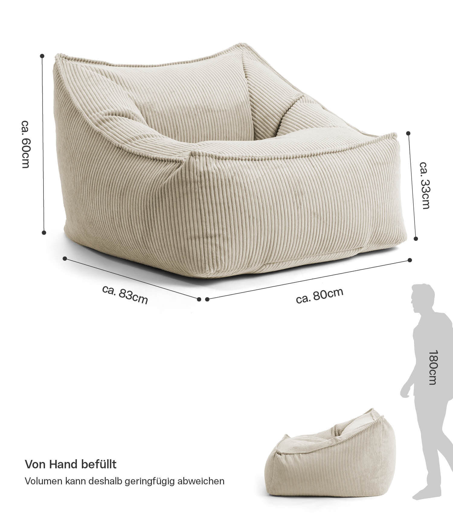 Fauteuil Cord XXL sac à grains avec accoudoirs, naturel
